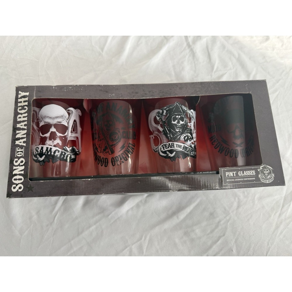 Sons of Anarchy Licensed Grim Reaper 16oz Clear Glass Pint Set of 4 Boxed